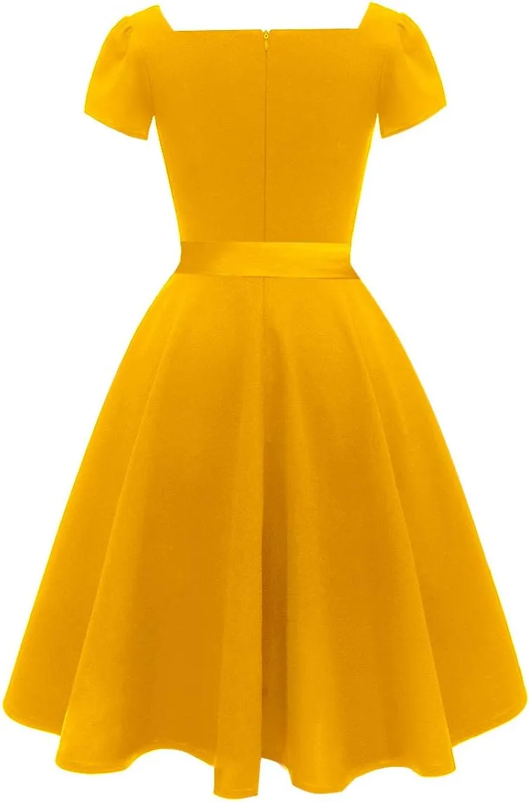 Girstunm Women's Classic Tea Dress Short Sleeve Swing Cocktail Party Dresses with Pockets