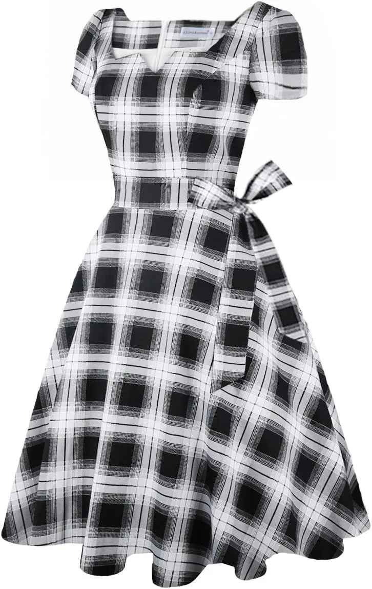 Girstunm Women's Classic Tea Dress Short Sleeve Swing Cocktail Party Dresses with Pockets