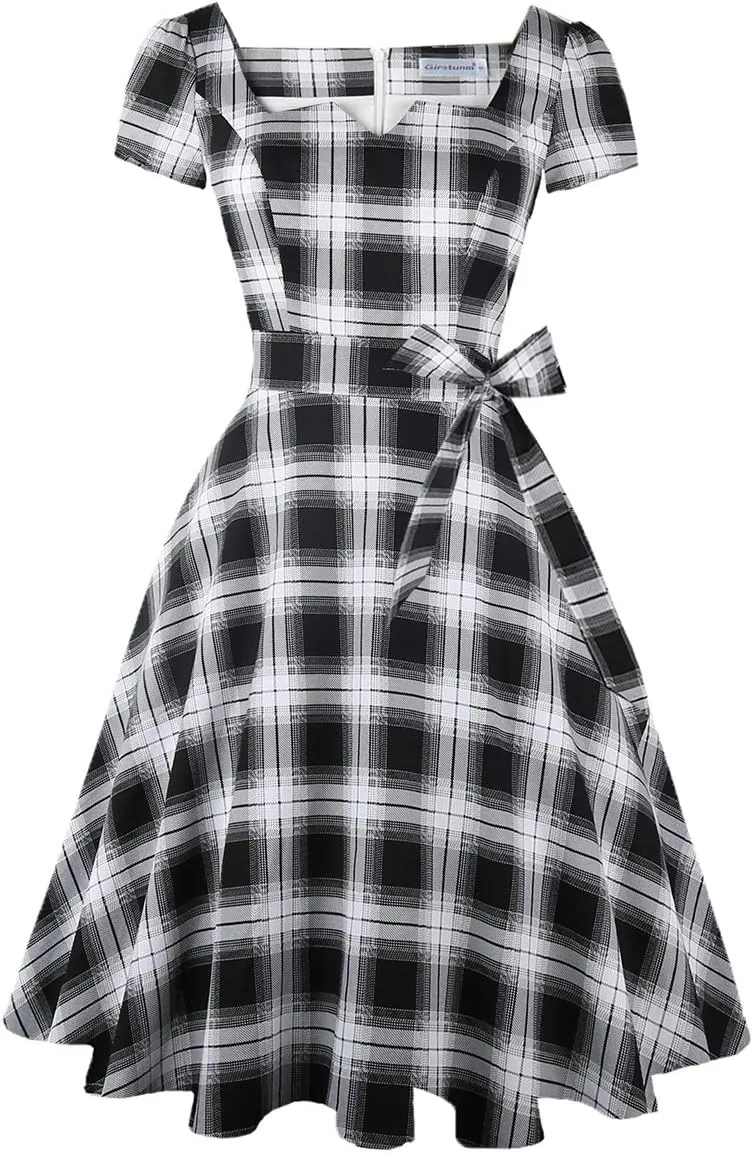 Girstunm Women's Classic Tea Dress Short Sleeve Swing Cocktail Party Dresses with Pockets
