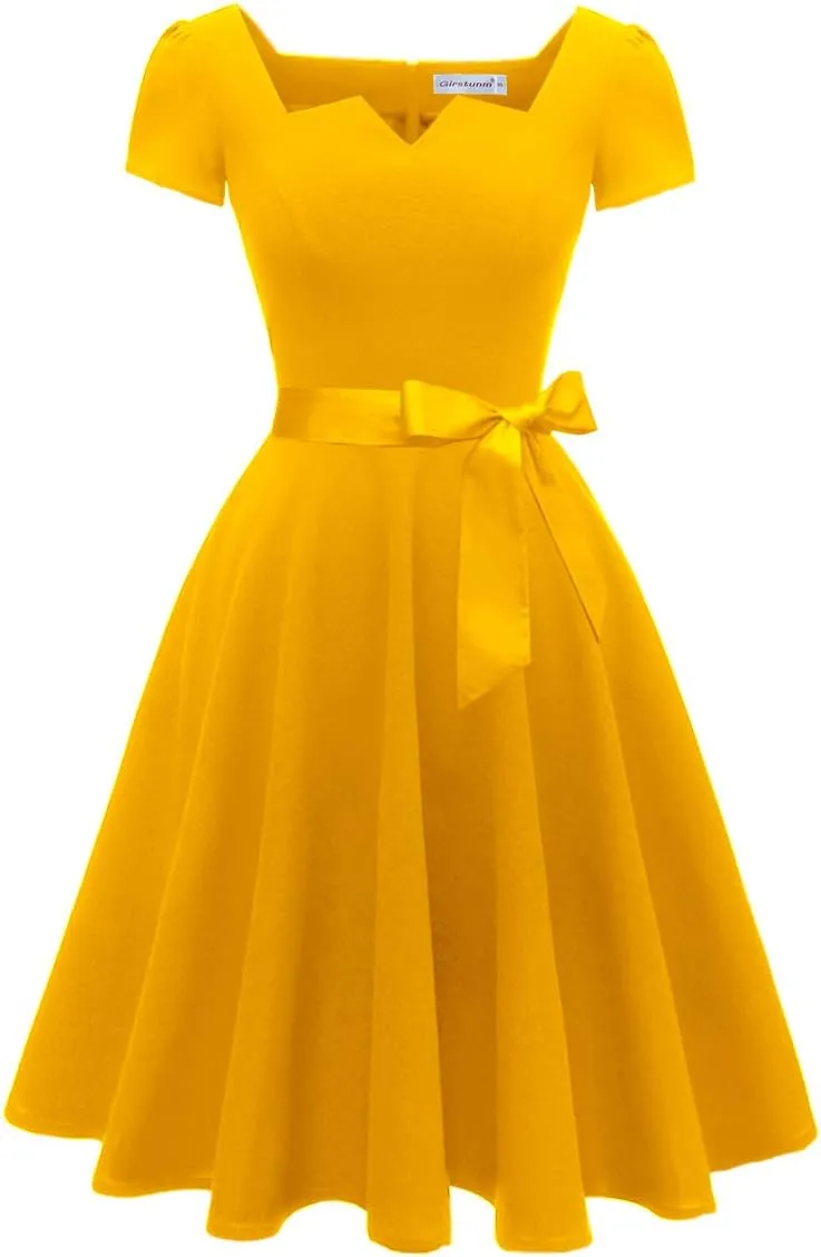 Girstunm Women's Classic Tea Dress Short Sleeve Swing Cocktail Party Dresses with Pockets