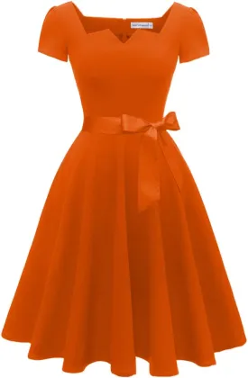 Girstunm Women's Classic Tea Dress Short Sleeve Swing Cocktail Party Dresses with Pockets