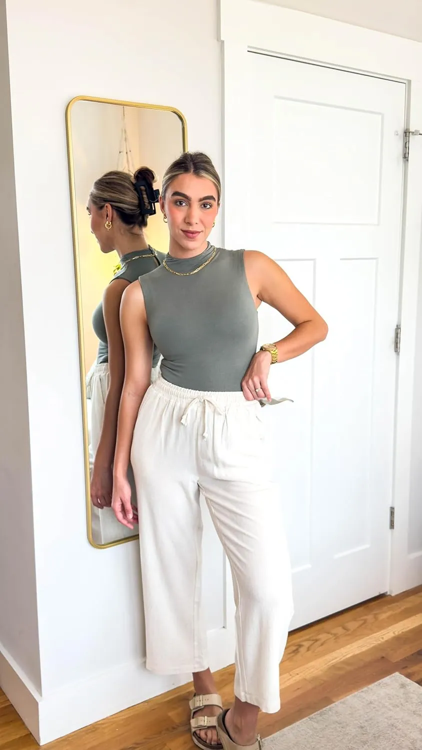 GRAPENT Linen Pants for Women High Waisted Wide Leg Capri Elastic Waist Casual Beach Flowy Cropped Summer Capris Pants