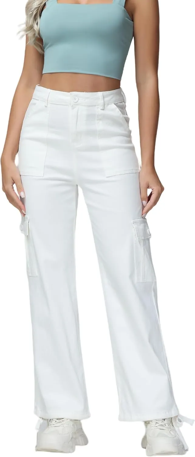 GUNLIRE Cargo Pants Women High Waist Baggy with 6 Pockets Y2K Wide Leg Stretch Straight Fit Elastic Slacks Streetwear