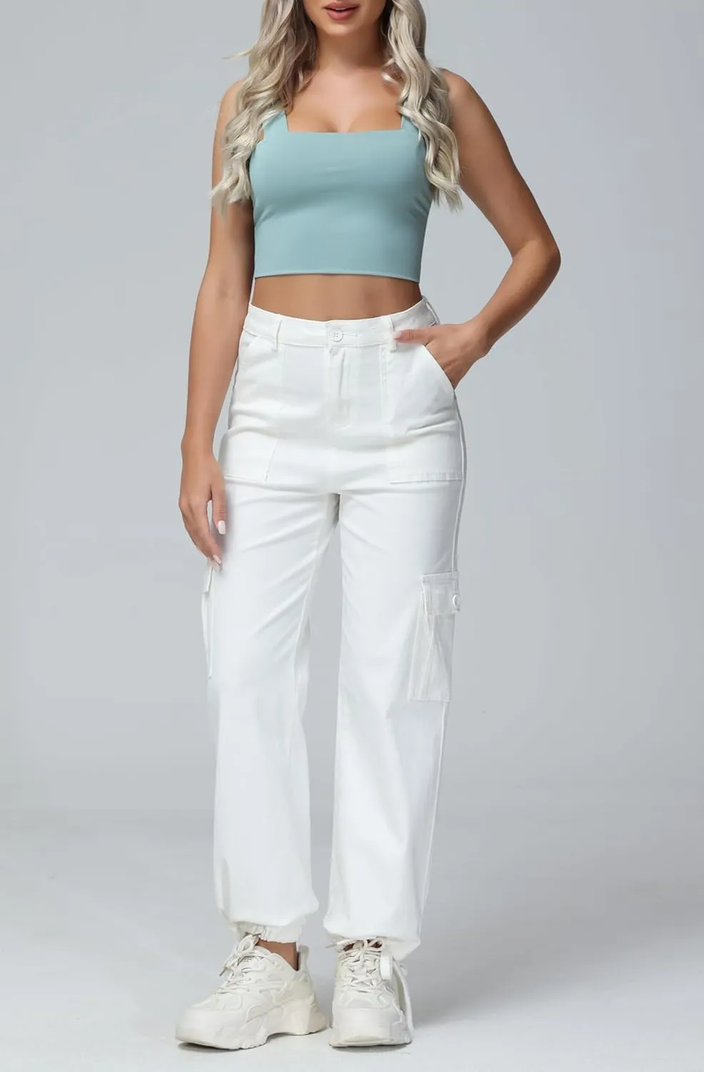 GUNLIRE Cargo Pants Women High Waist Baggy with 6 Pockets Y2K Wide Leg Stretch Straight Fit Elastic Slacks Streetwear