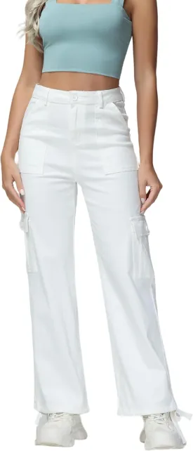 GUNLIRE Cargo Pants Women High Waist Baggy with 6 Pockets Y2K Wide Leg Stretch Straight Fit Elastic Slacks Streetwear