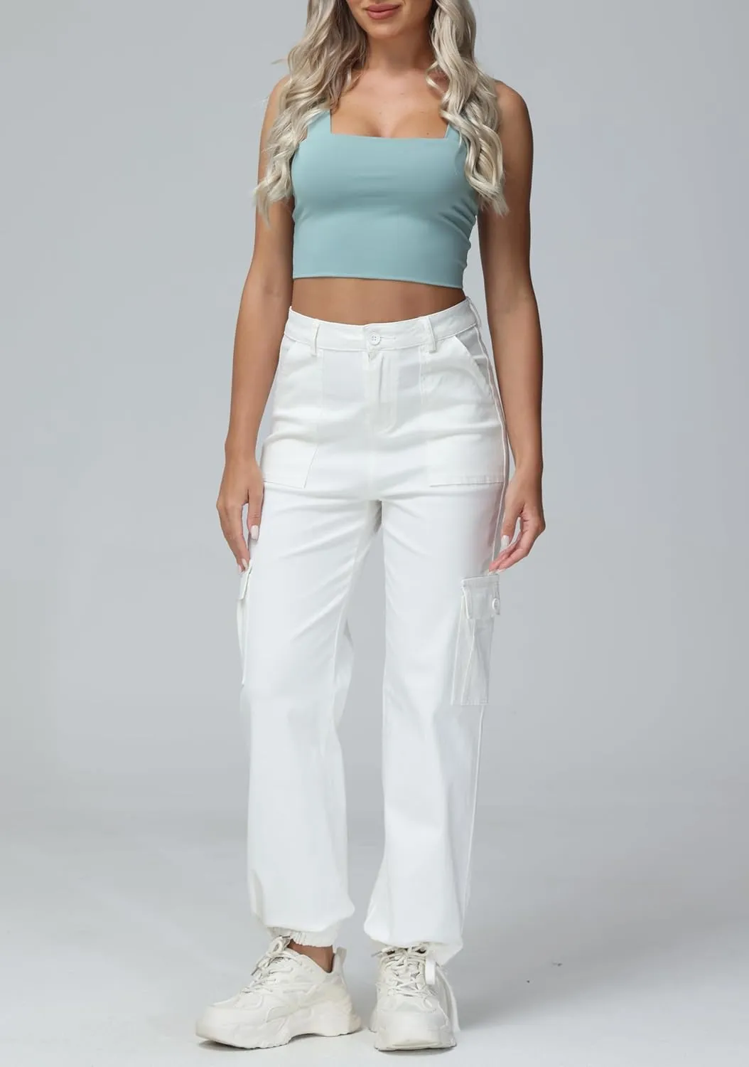 GUNLIRE Cargo Pants Women High Waist Baggy with 6 Pockets Y2K Wide Leg Stretch Straight Fit Elastic Slacks Streetwear