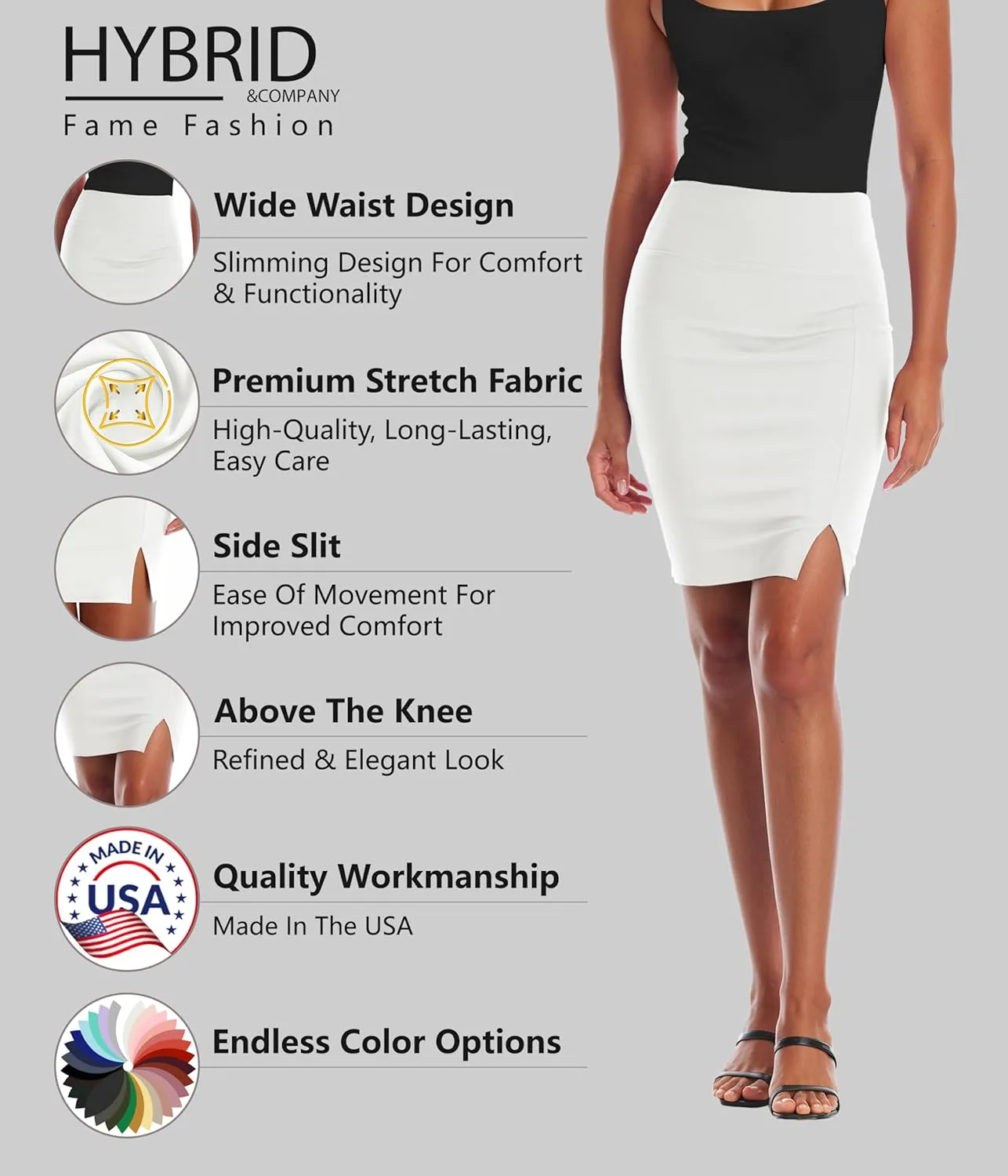 Hybrid & Company Women's Pencil Skirt Premium Ponte Basic Solid Stretch Above Knee Side Slit