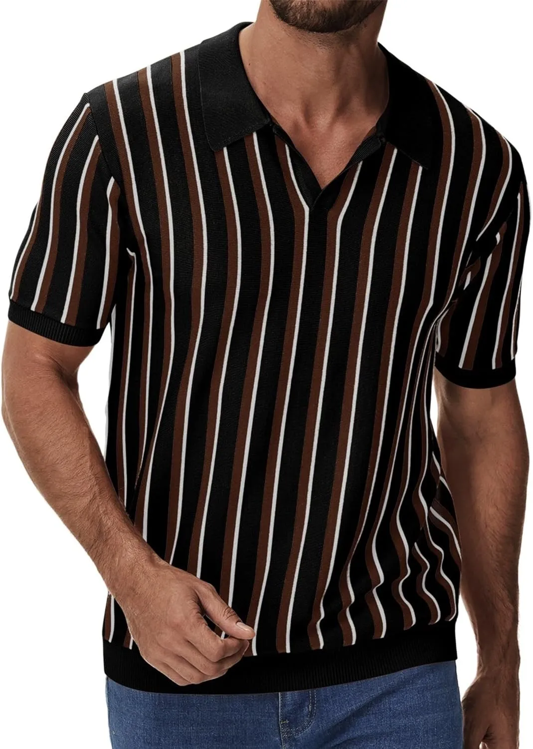iWoo Men's Knit Polo Shirts Short Sleeve Vintage Striped Casual Golf Polo Classic Collared T Shirt