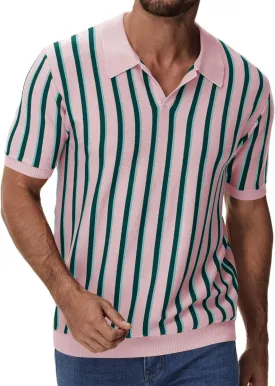 iWoo Men's Knit Polo Shirts Short Sleeve Vintage Striped Casual Golf Polo Classic Collared T Shirt