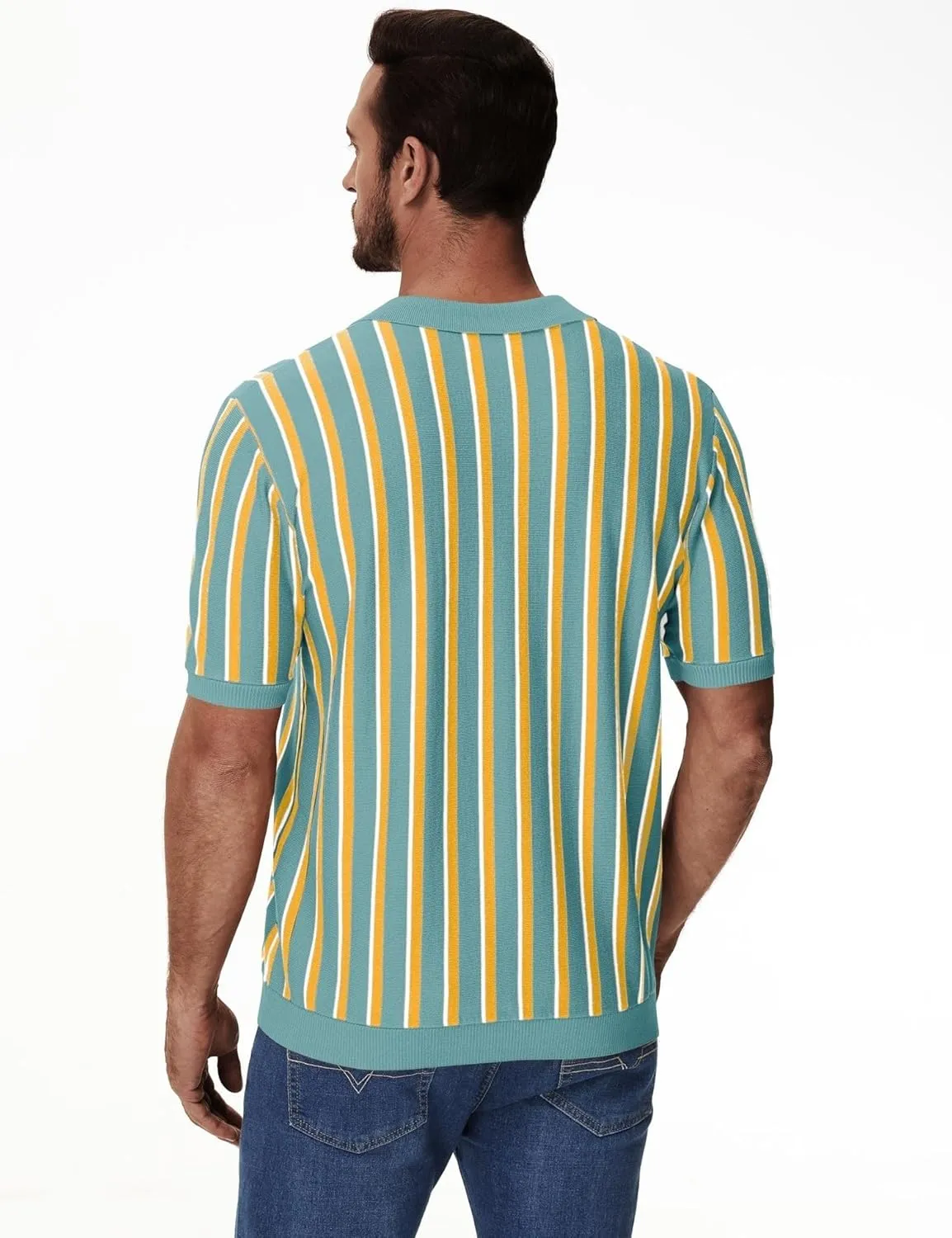 iWoo Men's Knit Polo Shirts Short Sleeve Vintage Striped Casual Golf Polo Classic Collared T Shirt