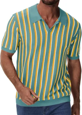 iWoo Men's Knit Polo Shirts Short Sleeve Vintage Striped Casual Golf Polo Classic Collared T Shirt