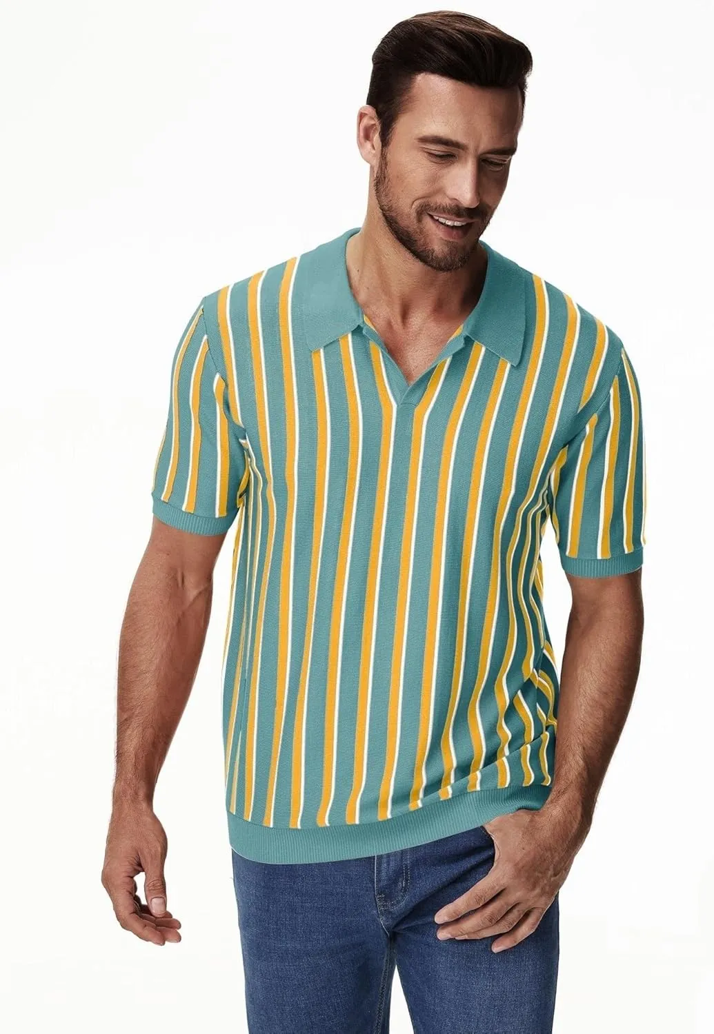 iWoo Men's Knit Polo Shirts Short Sleeve Vintage Striped Casual Golf Polo Classic Collared T Shirt