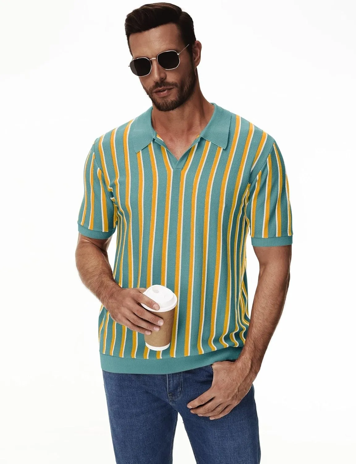 iWoo Men's Knit Polo Shirts Short Sleeve Vintage Striped Casual Golf Polo Classic Collared T Shirt