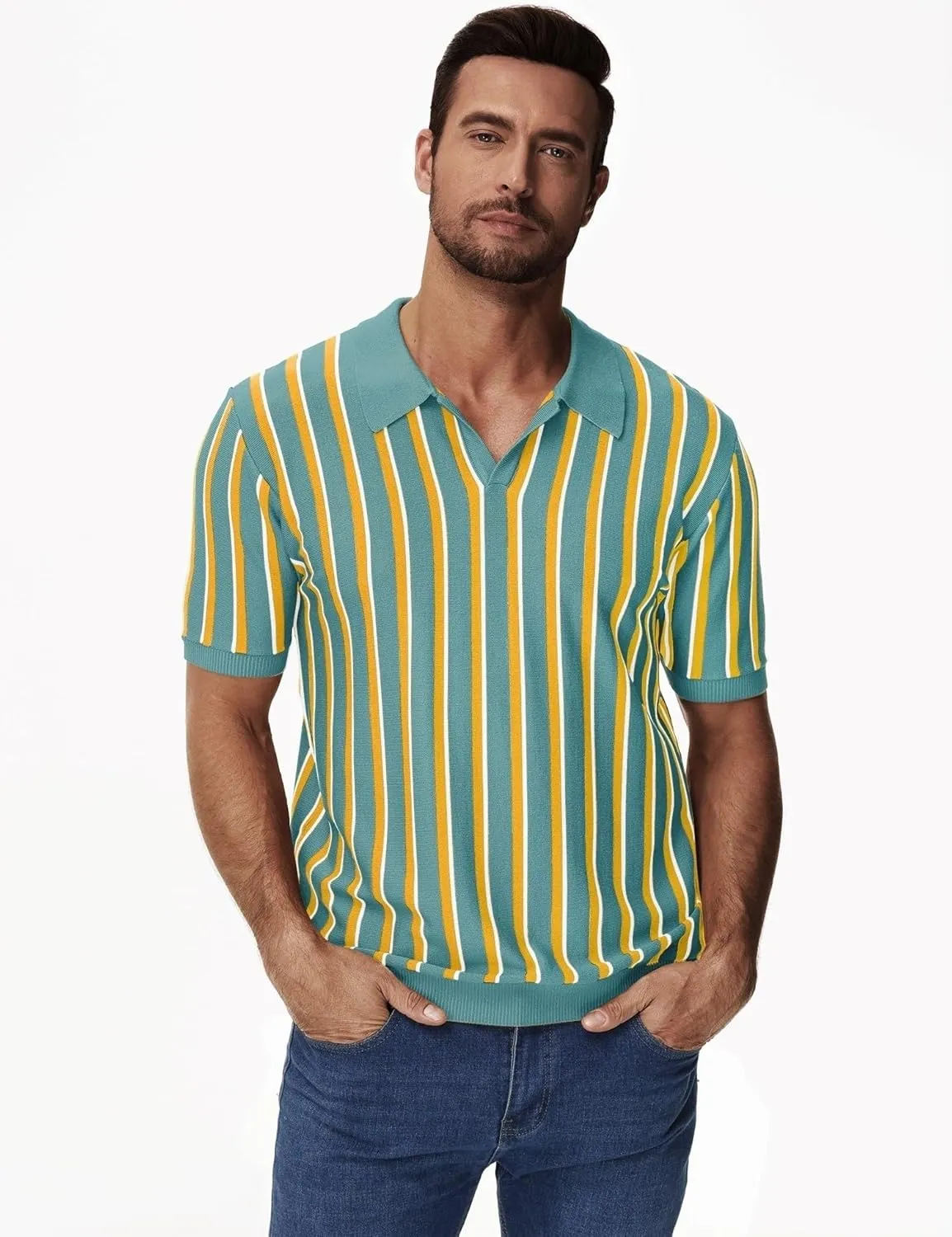 iWoo Men's Knit Polo Shirts Short Sleeve Vintage Striped Casual Golf Polo Classic Collared T Shirt