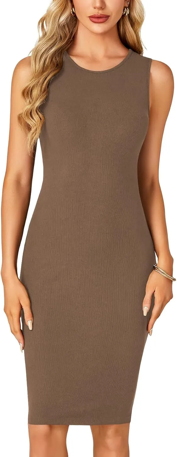 LYANER Women's Summer Rib Knit Stretch Crewneck Sleeveless Bodycon Midi Dress