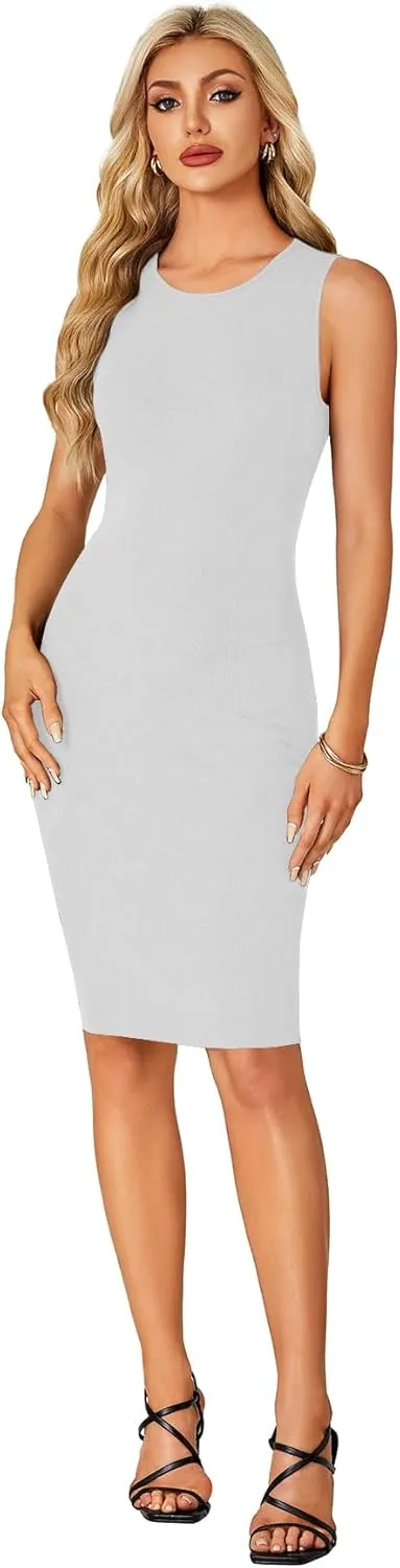 LYANER Women's Summer Rib Knit Stretch Crewneck Sleeveless Bodycon Midi Dress