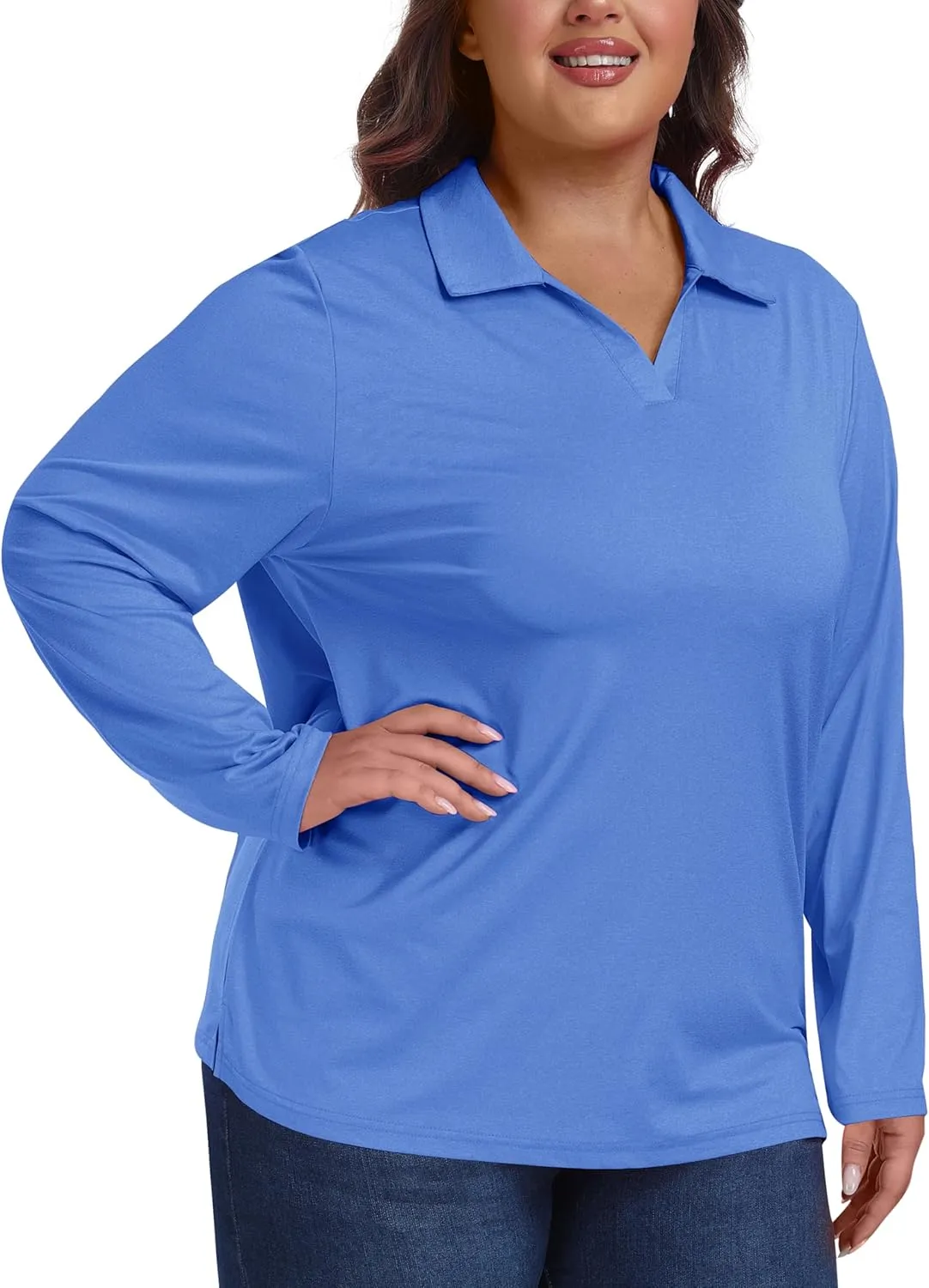 MoFiz Women's Plus Size Golf Long Sleeve Polo Shirts V Neck Workout Casual Loose Fit Tops XL-5XL