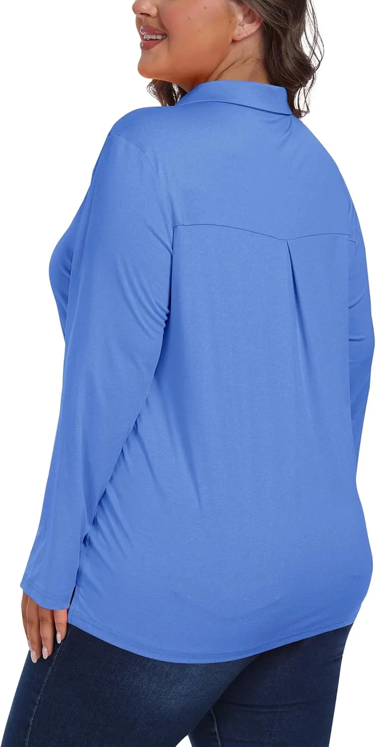 MoFiz Women's Plus Size Golf Long Sleeve Polo Shirts V Neck Workout Casual Loose Fit Tops XL-5XL