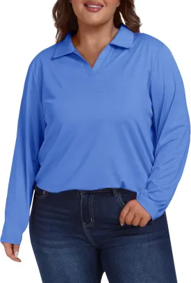 MoFiz Women's Plus Size Golf Long Sleeve Polo Shirts V Neck Workout Casual Loose Fit Tops XL-5XL