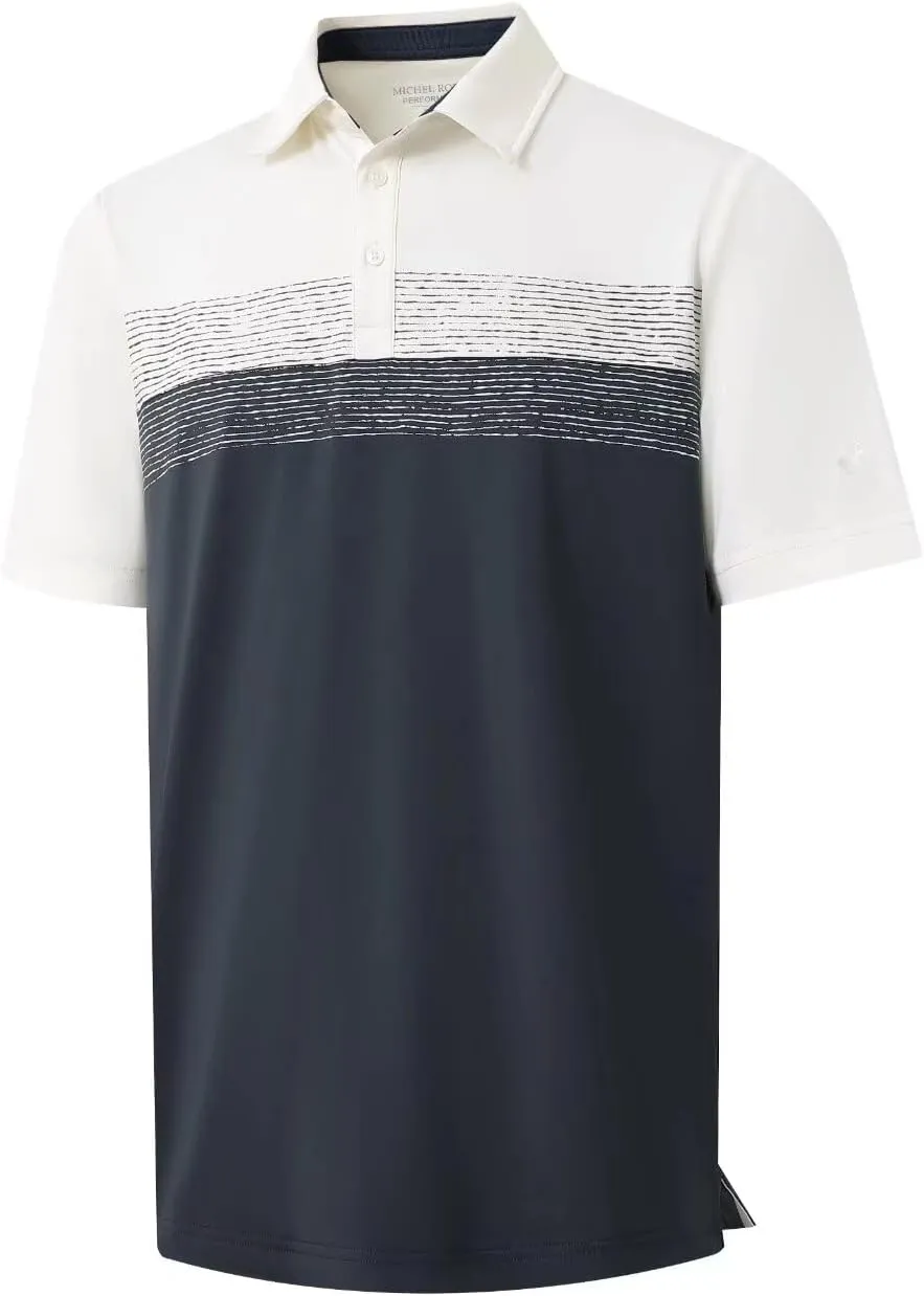 Rouen Polo Shirts for Men Quick Dry Regular Fit Casual Color Block Chest Print Active Short Sleeve Collared Mens Golf Shirt