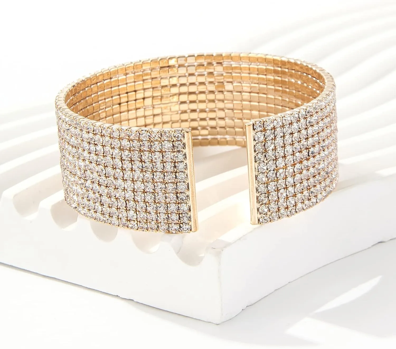Sparkly Classic Multi-layer Big Wide Crystal Rhinestone Cuff Bracelet for Women Bridal Wedding Formal Prom Jewelry