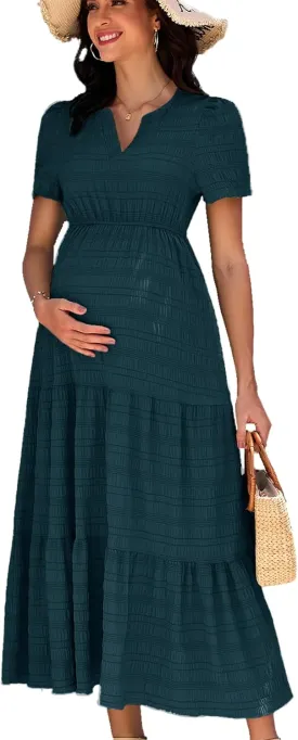 Summer Maxi Maternity Dress Pockets Casual Vacation Boho Baby Shower Short Sleeves A Line Beach Sundress Pregnancy