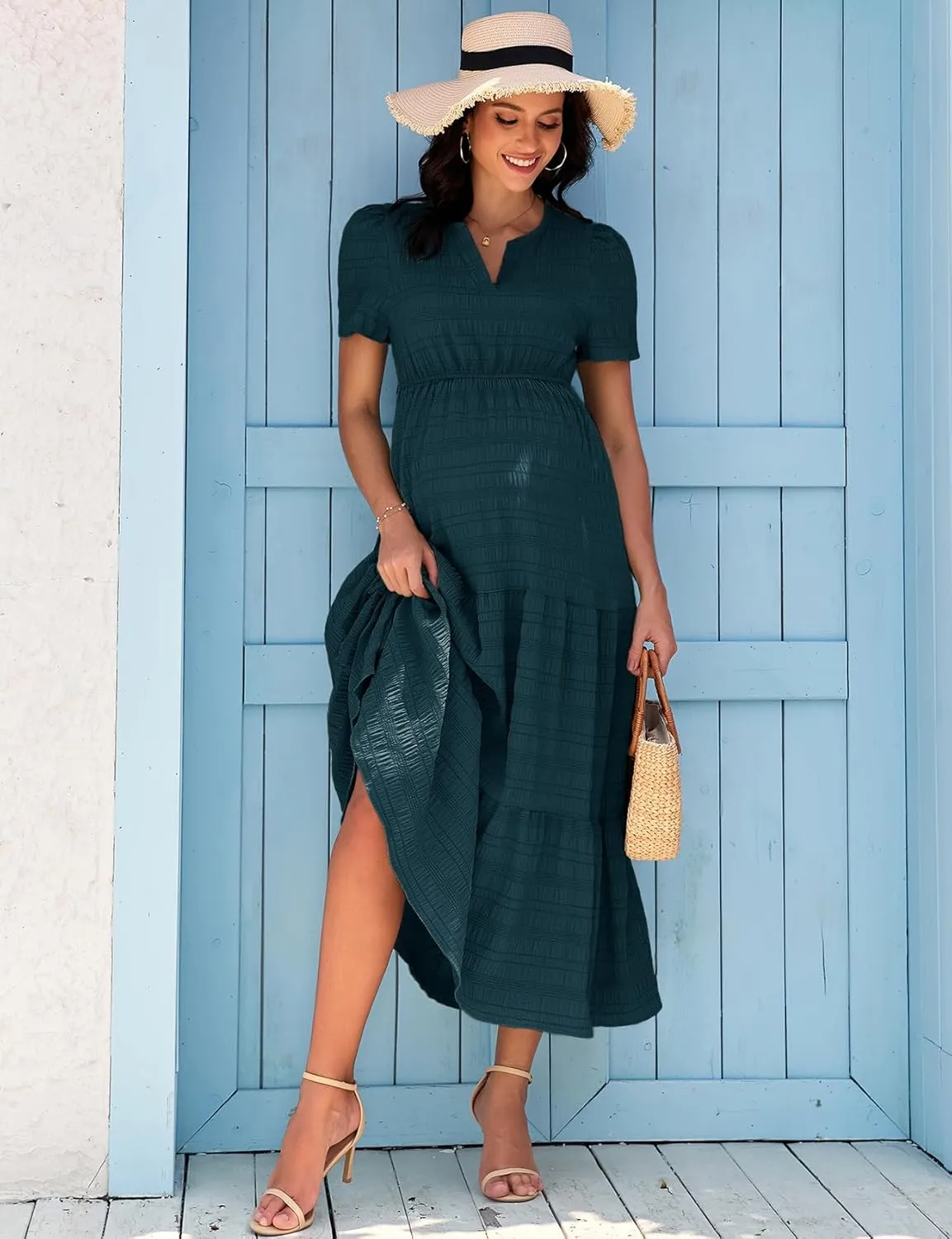 Summer Maxi Maternity Dress Pockets Casual Vacation Boho Baby Shower Short Sleeves A Line Beach Sundress Pregnancy