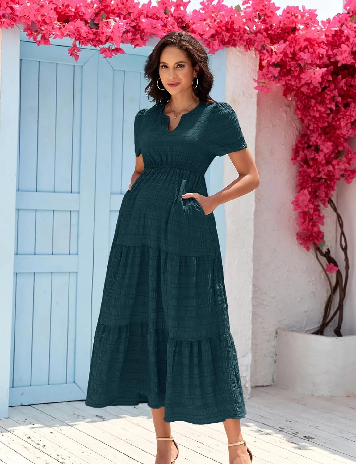 Summer Maxi Maternity Dress Pockets Casual Vacation Boho Baby Shower Short Sleeves A Line Beach Sundress Pregnancy