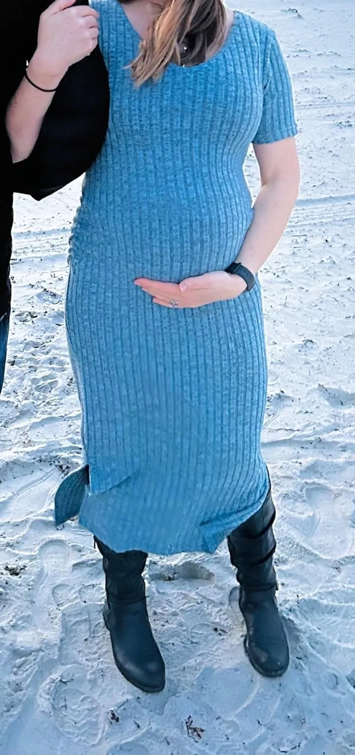 V Neck Side Ruch Knit Ribbed Maternity Bodycon Dress，Maternity Dress for Baby Shower