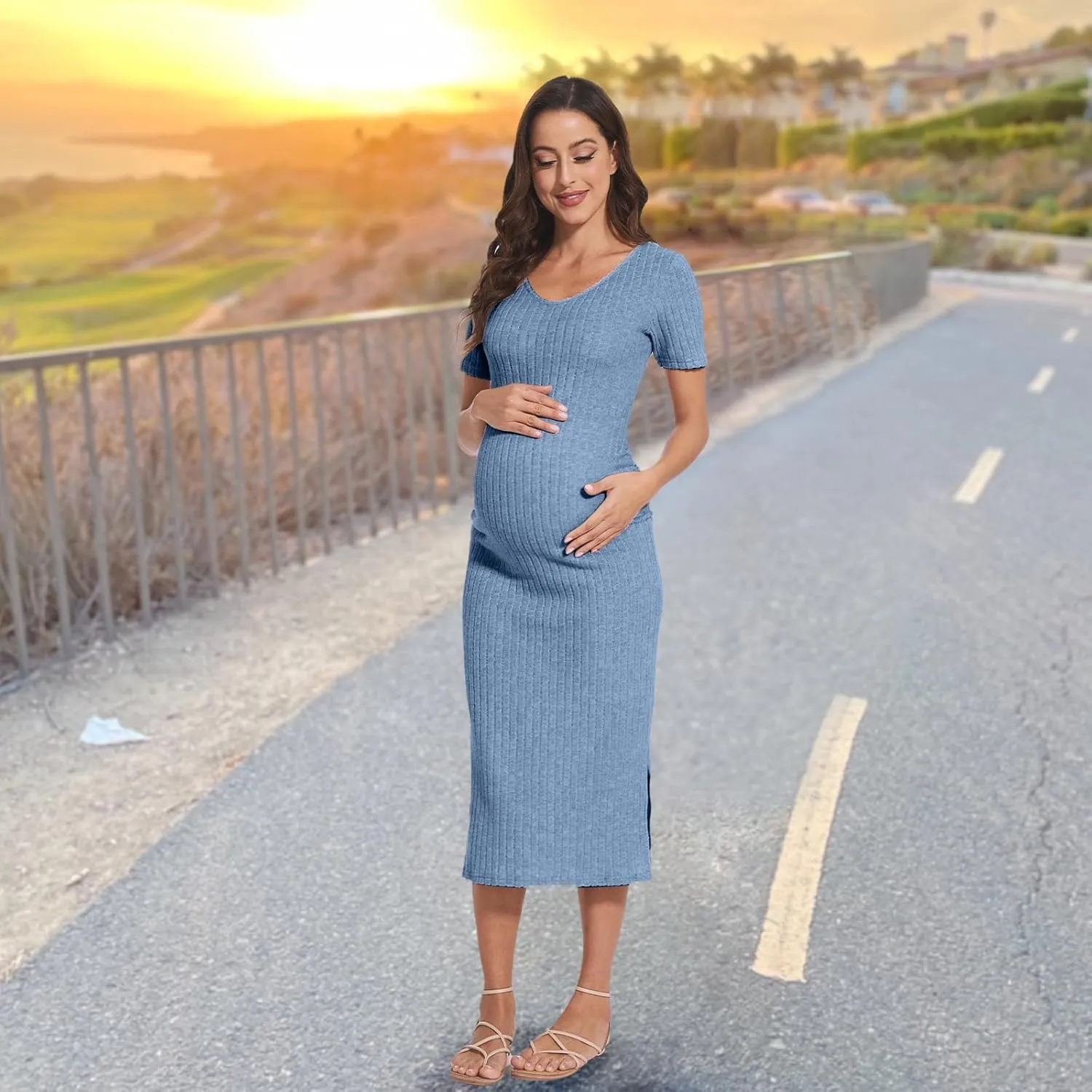 V Neck Side Ruch Knit Ribbed Maternity Bodycon Dress，Maternity Dress for Baby Shower