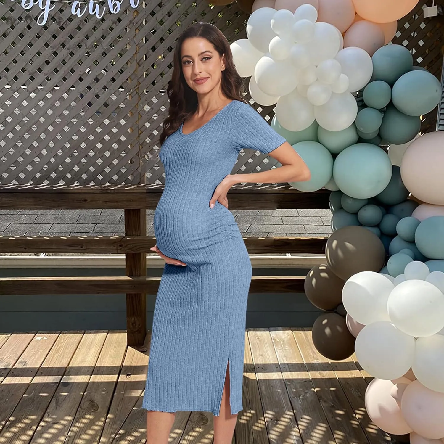 V Neck Side Ruch Knit Ribbed Maternity Bodycon Dress，Maternity Dress for Baby Shower