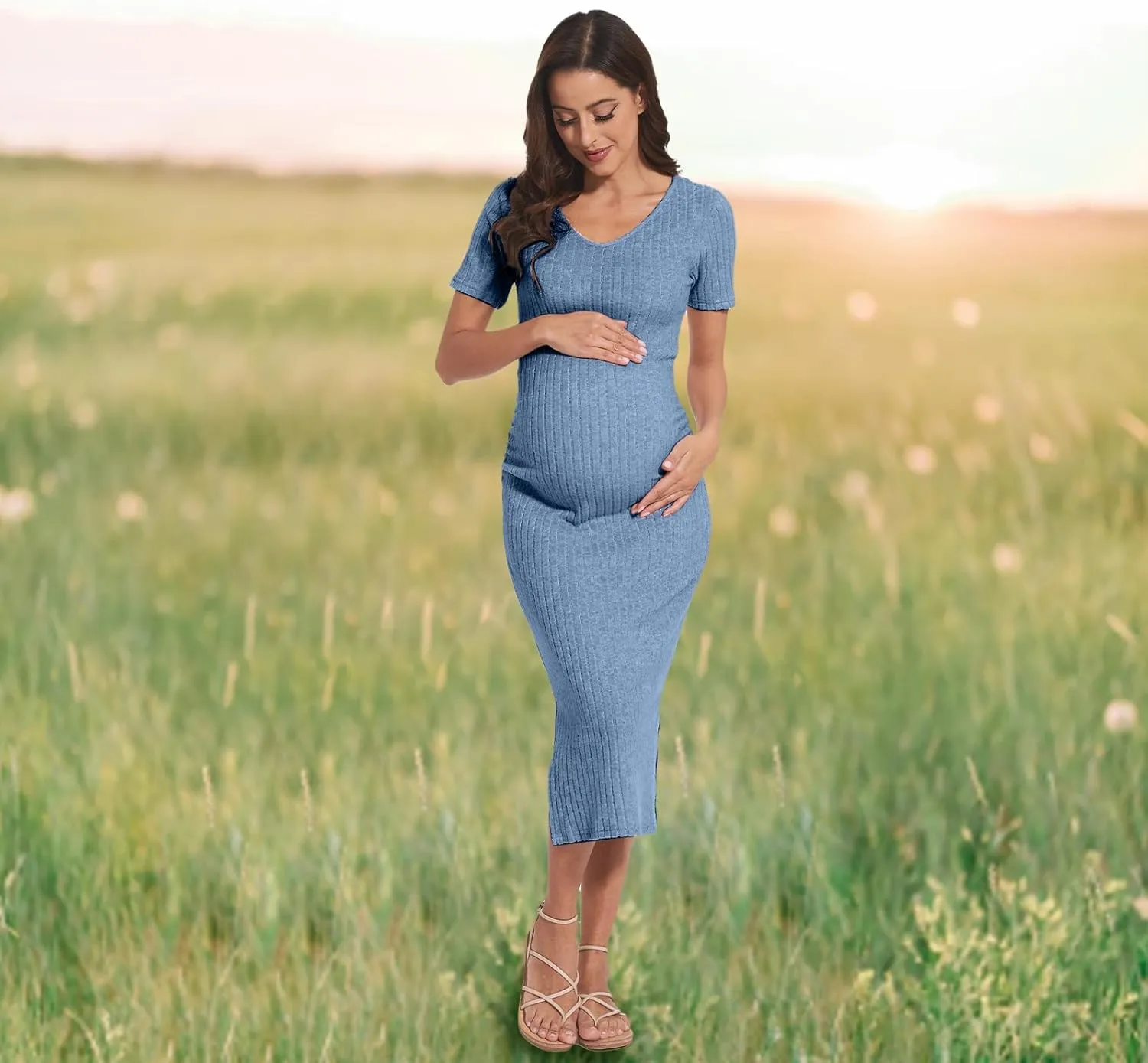V Neck Side Ruch Knit Ribbed Maternity Bodycon Dress，Maternity Dress for Baby Shower