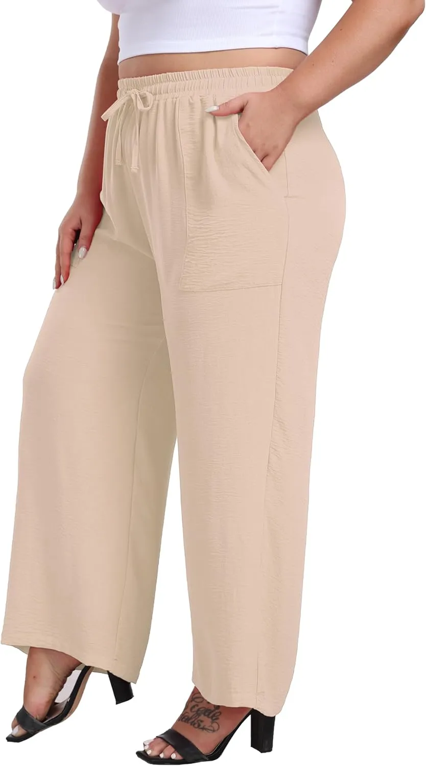 VOGUEMAX Womens Plus Size Wide Leg Pants Summer Casual Pants Loose Fit Flowy High Waisted Trousers with Pockets