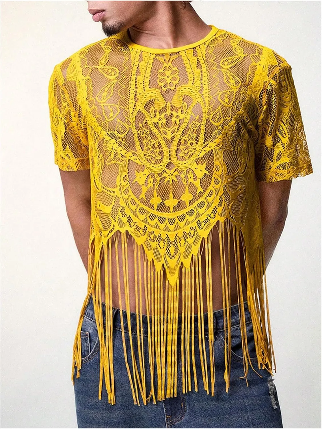 WDIRARA Men's Floral Lace Mesh Fringe Hem Shirts Scoop Neck Short Sleeve Asymmetrical Design Shirt See Through Party Outfits