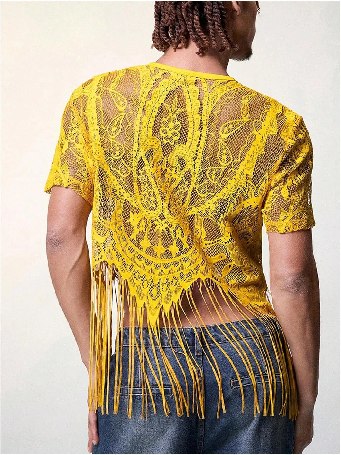 WDIRARA Men's Floral Lace Mesh Fringe Hem Shirts Scoop Neck Short Sleeve Asymmetrical Design Shirt See Through Party Outfits