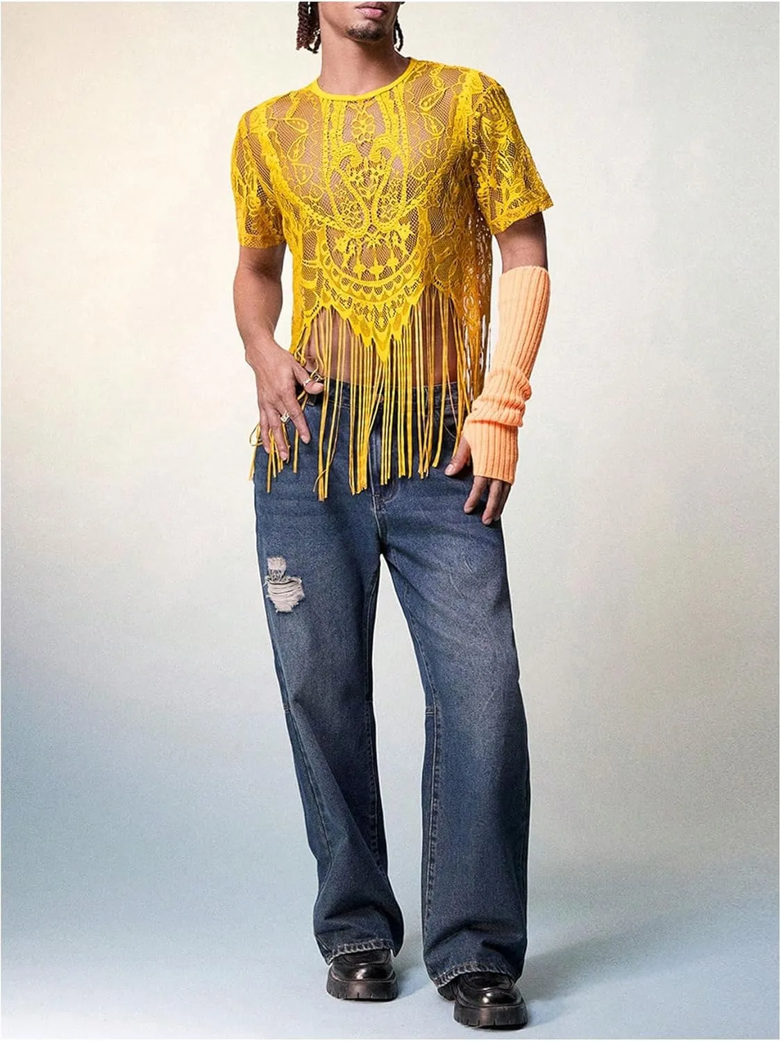 WDIRARA Men's Floral Lace Mesh Fringe Hem Shirts Scoop Neck Short Sleeve Asymmetrical Design Shirt See Through Party Outfits