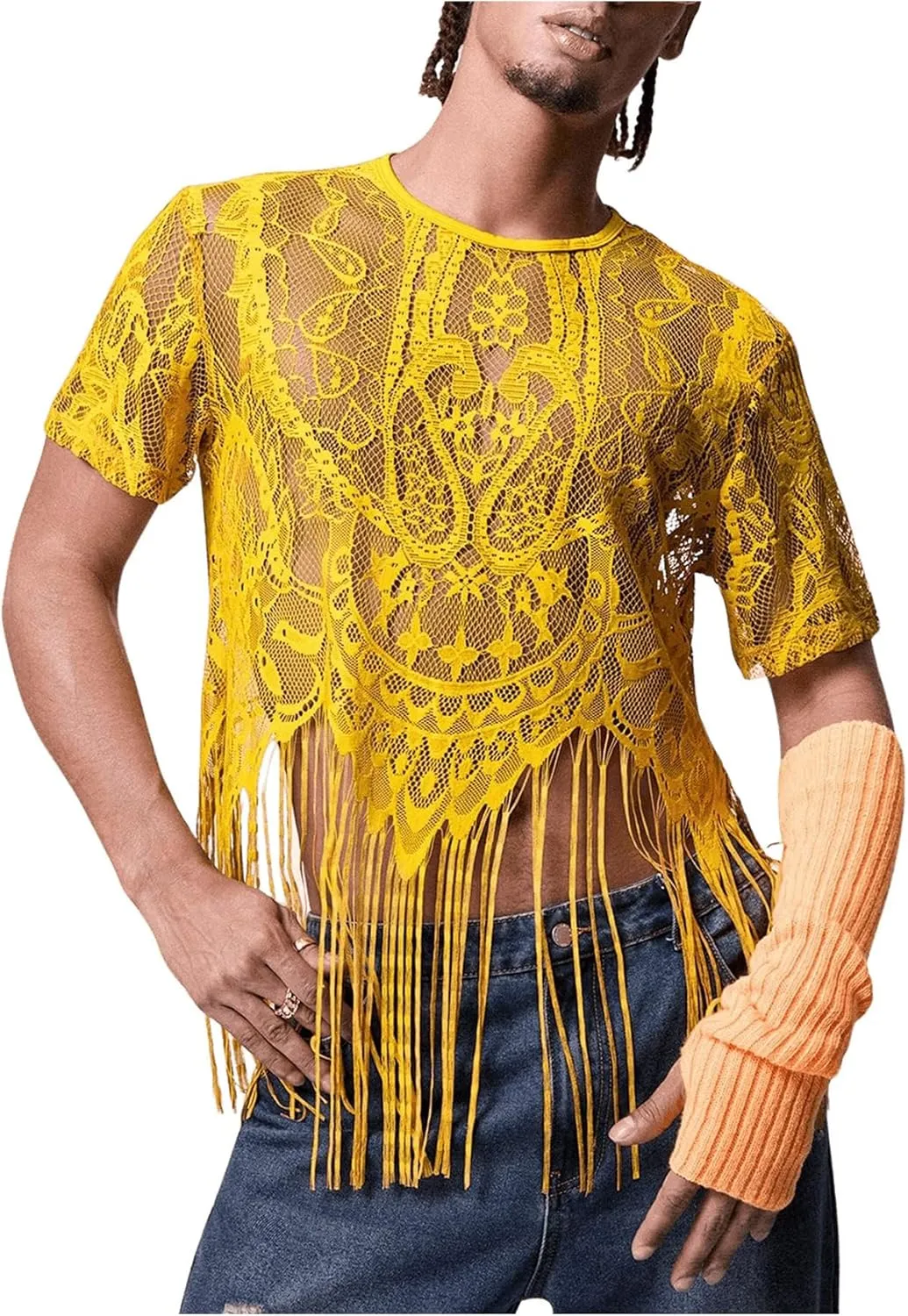 WDIRARA Men's Floral Lace Mesh Fringe Hem Shirts Scoop Neck Short Sleeve Asymmetrical Design Shirt See Through Party Outfits