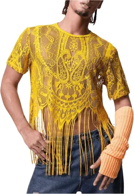 WDIRARA Men's Floral Lace Mesh Fringe Hem Shirts Scoop Neck Short Sleeve Asymmetrical Design Shirt See Through Party Outfits