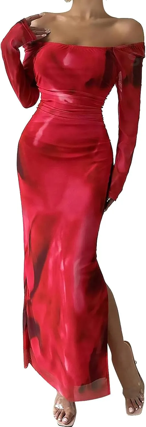 Women's Long Sleeve Maxi Dress Tie Dye Mesh Layered Bodycon Ruched Off Shoulder Long Dresses Side Slit Elegant Clothes