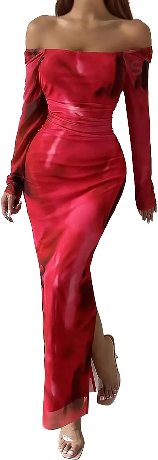 Women's Long Sleeve Maxi Dress Tie Dye Mesh Layered Bodycon Ruched Off Shoulder Long Dresses Side Slit Elegant Clothes