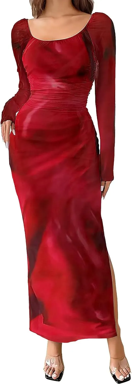 Women's Long Sleeve Maxi Dress Tie Dye Mesh Layered Bodycon Ruched Off Shoulder Long Dresses Side Slit Elegant Clothes