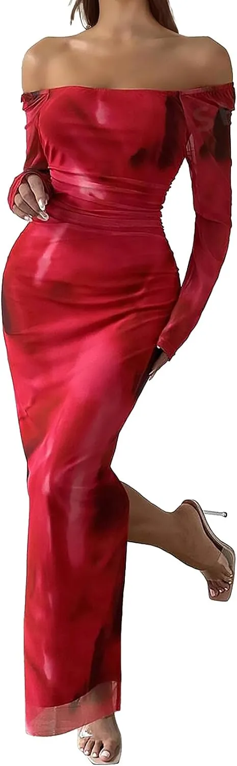 Women's Long Sleeve Maxi Dress Tie Dye Mesh Layered Bodycon Ruched Off Shoulder Long Dresses Side Slit Elegant Clothes