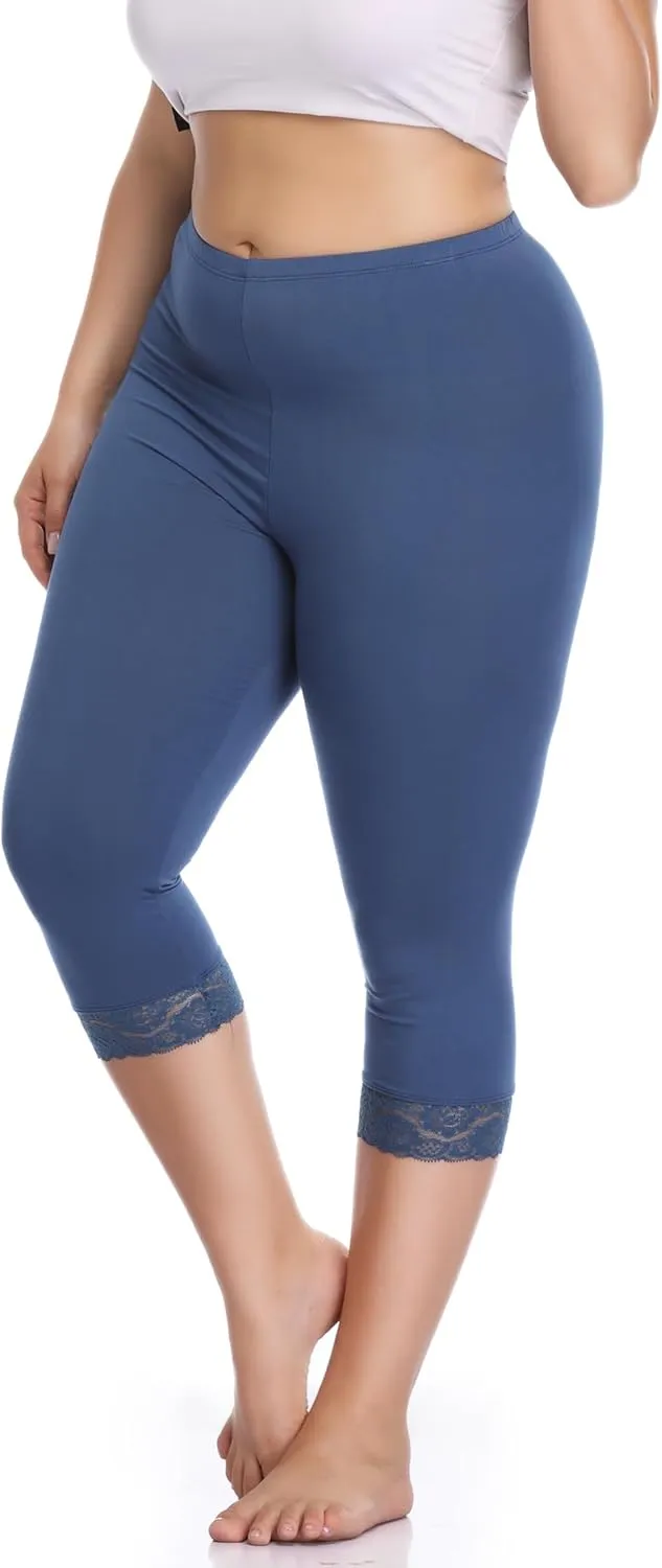 Women's Plus Size Capri Leggings Lace Trim High Waisted Stretchy Soft Crop Pants