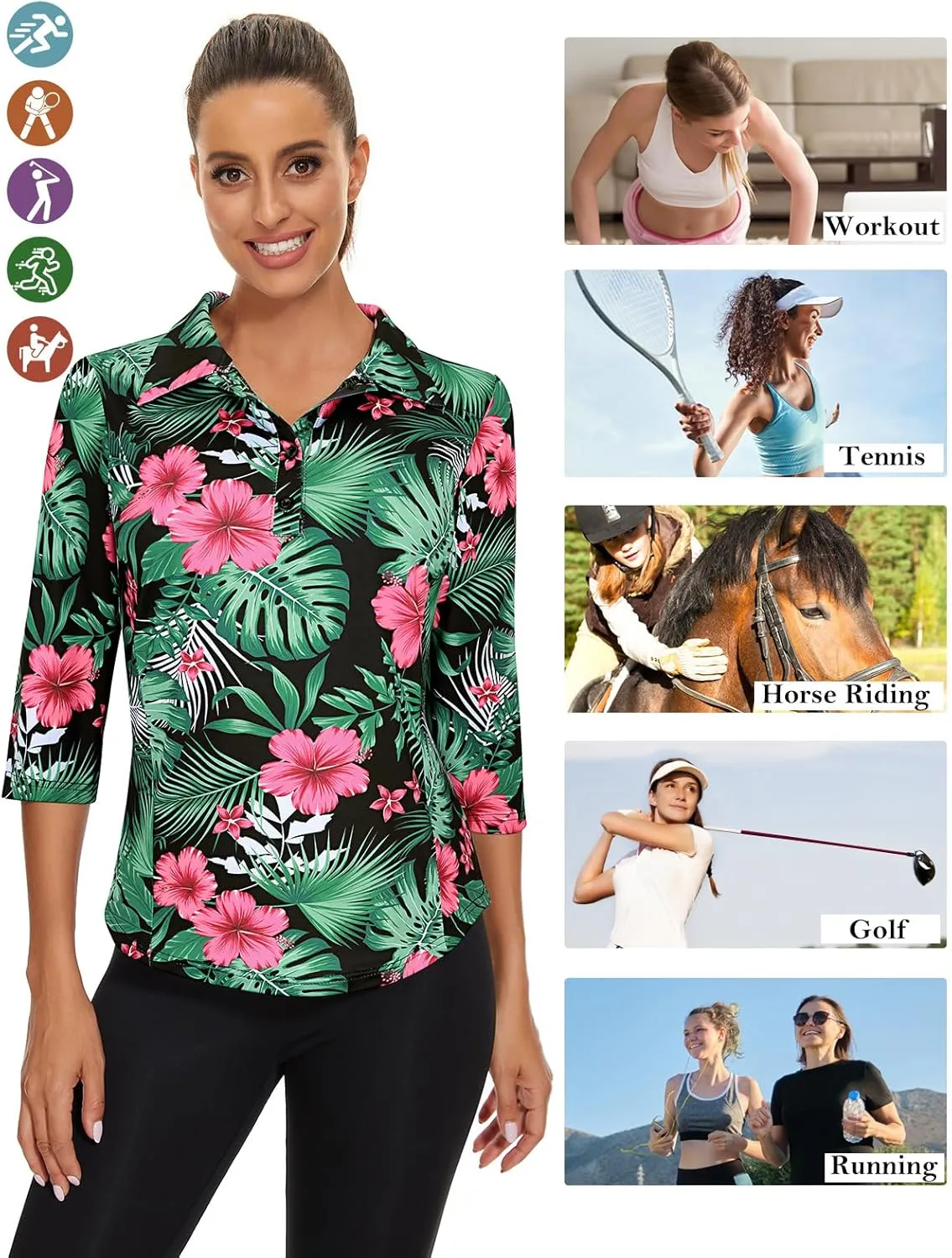 Zamowoty Women's 3/4 Sleeve Golf Tennis Polo Shirts 4-Button Dry Fit Workout Tops Athletic Shirt UPF50 