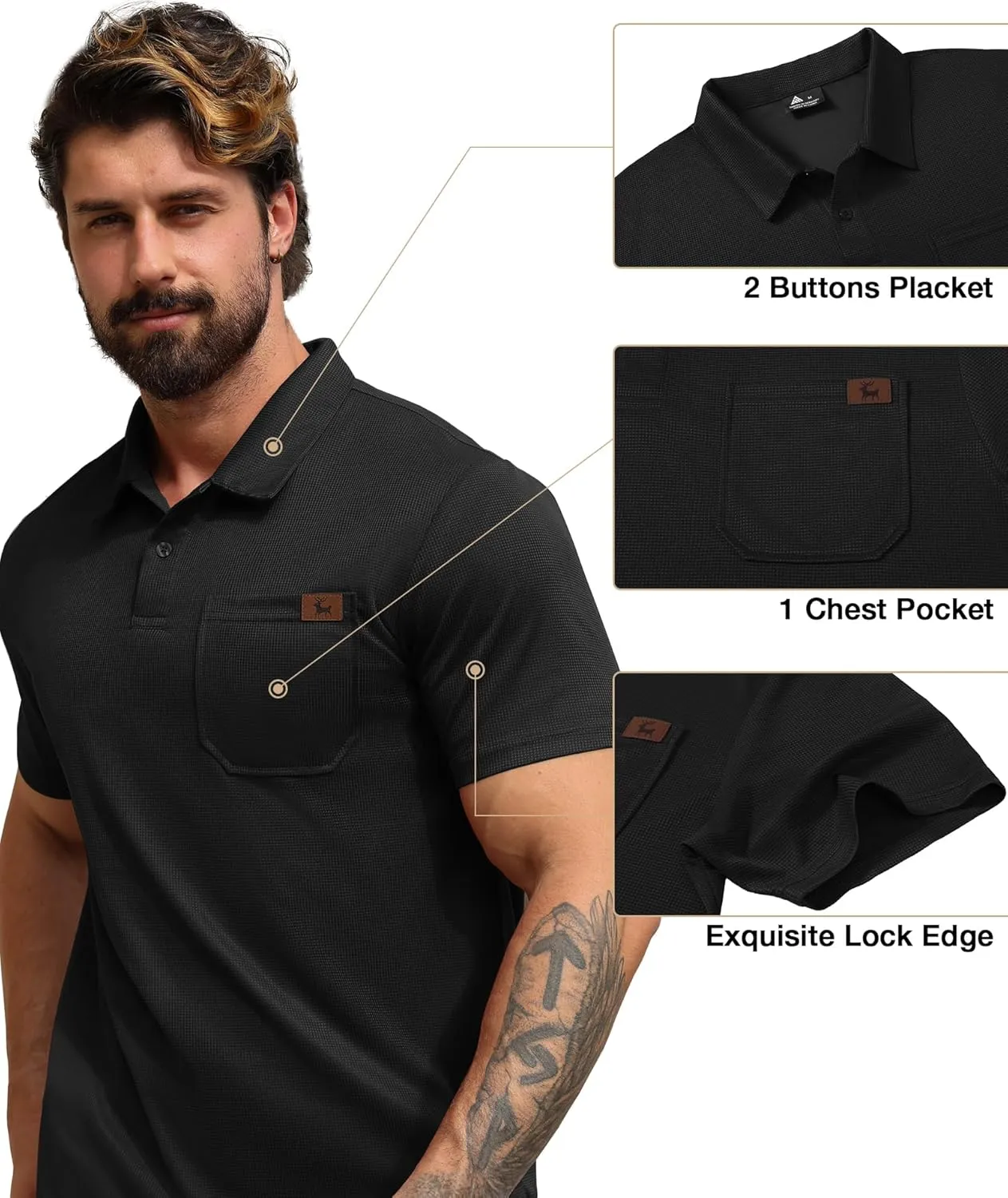 ZITY Mens Waffle Polo Shirts Casual Short Sleeve Texture Polo for Men Moisture Wicking Collared T-Shirt with Pocket
