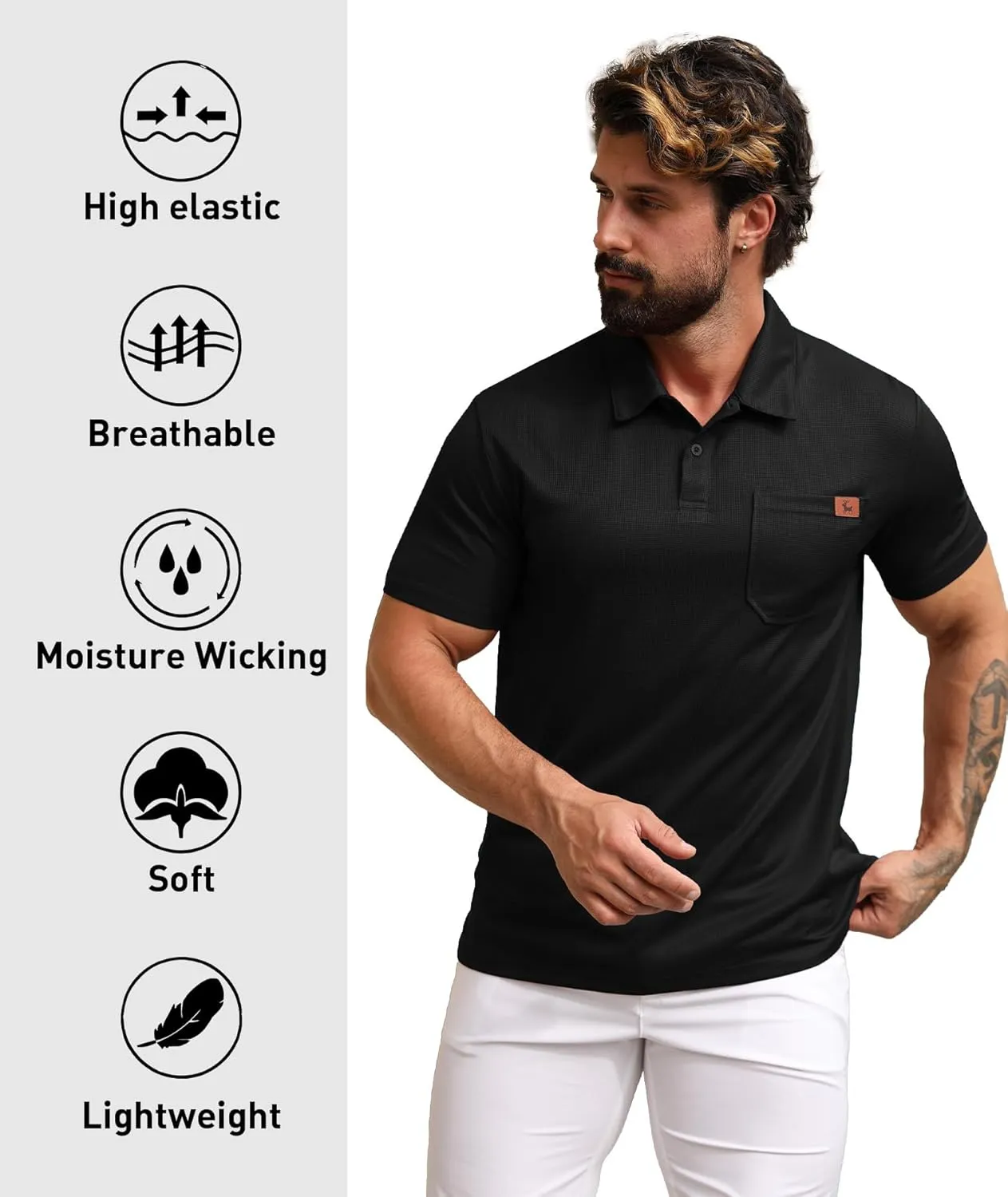 ZITY Mens Waffle Polo Shirts Casual Short Sleeve Texture Polo for Men Moisture Wicking Collared T-Shirt with Pocket